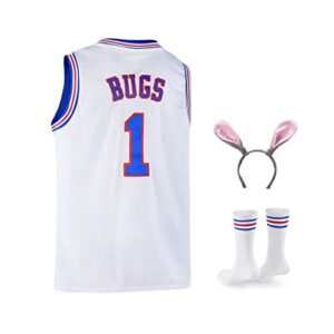bugs 1 space men's movie jersey basketball jersey with head hoop & socks white m