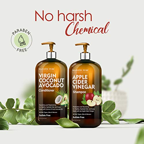 MAJESTIC PURE Apple Cider Vinegar Shampoo and Avocado Coconut Conditioner Set - Restores Shine & Reduces Itchy Scalp, Dandruff & Frizz - Sulfate Free, for All Hair Types, Men and Women - 2 x 16 fl oz