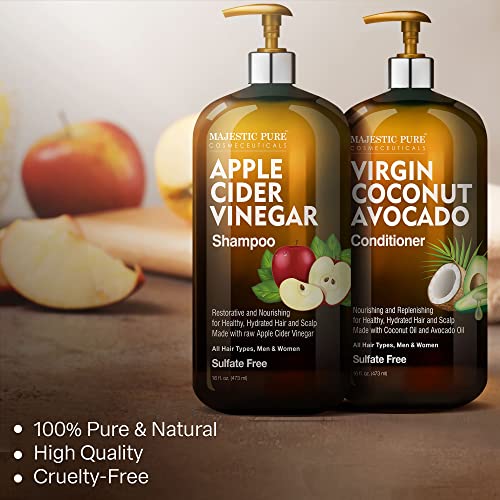 MAJESTIC PURE Apple Cider Vinegar Shampoo and Avocado Coconut Conditioner Set - Restores Shine & Reduces Itchy Scalp, Dandruff & Frizz - Sulfate Free, for All Hair Types, Men and Women - 2 x 16 fl oz