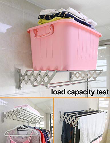 Accordion Wall Mounted Drying Rack Stainless Steel Clothes Retractable Folding Accordian Wall Hanger Hanging Towel Holder 61lb Capacity for Laundry Bathroom