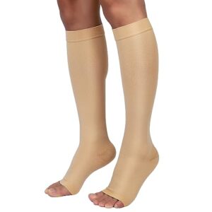 mgang compression socks, 15-20 mmhg graduated knee high compression stockings for unisex, class i, open toe, opaque, support hose for dvt, pregnancy, varicose veins, relief shin splints, beige l
