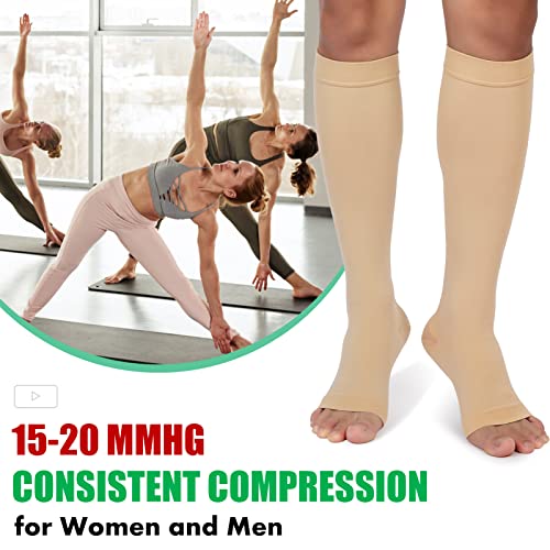 MGANG Compression Socks, 15-20 mmHg Graduated Knee High Compression Stockings for Unisex, Class I, Open Toe, Opaque, Support Hose for DVT, Pregnancy, Varicose Veins, Relief Shin Splints, Beige L