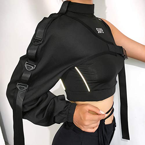 FlyCC Women Sexy One Shoulder Adjustable Buckle Crop Tops - Reflective Festival Rave Form Fitting Shrugs Black