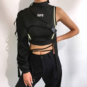 FlyCC Women Sexy One Shoulder Adjustable Buckle Crop Tops - Reflective Festival Rave Form Fitting Shrugs Black