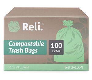 reli. compostable 6-8 gallon trash bags | 100 count | astm d6400 | green | eco-friendly | for compost