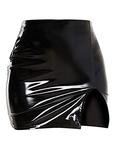 Women's Black Leather Mini Side Split Latex Skirt (US,4-6)