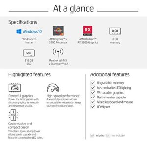 HP Pavilion Gaming Desktop Computer, AMD Ryzen 5 3500 Processor, AMD Radeon Rx 5500 4 GB, 8 GB RAM, 512 GB SSD, Windows 10 Home (TG01-0040, Black)