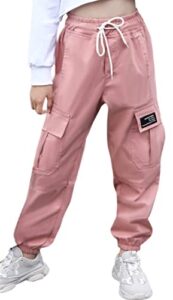 sangtree girls cargo pants, elastic waist drawstring loose tapered multi pockets cargo jogger pants for girl, pink,7-8 years big kid = tag 140