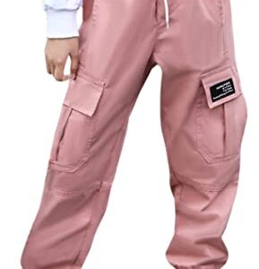 SANGTREE Girls Cargo Pants, Elastic Waist Drawstring Loose Tapered Multi Pockets Cargo Jogger Pants for Girl, Pink,7-8 Years Big Kid = Tag 140