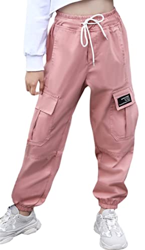 SANGTREE Girls Cargo Pants, Elastic Waist Drawstring Loose Tapered Multi Pockets Cargo Jogger Pants for Girl, Pink,7-8 Years Big Kid = Tag 140