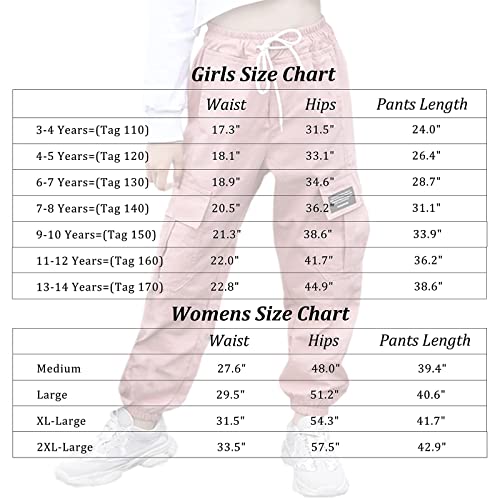 SANGTREE Girls Cargo Pants, Elastic Waist Drawstring Loose Tapered Multi Pockets Cargo Jogger Pants for Girl, Pink,7-8 Years Big Kid = Tag 140