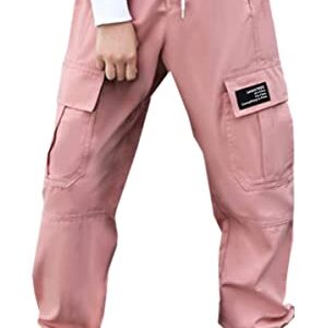 SANGTREE Girls Cargo Pants, Elastic Waist Drawstring Loose Tapered Multi Pockets Cargo Jogger Pants for Girl, Pink,7-8 Years Big Kid = Tag 140