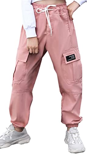 SANGTREE Girls Cargo Pants, Elastic Waist Drawstring Loose Tapered Multi Pockets Cargo Jogger Pants for Girl, Pink,7-8 Years Big Kid = Tag 140