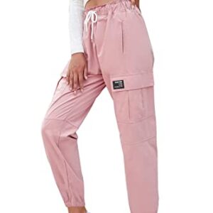 SANGTREE Girls Cargo Pants, Elastic Waist Drawstring Loose Tapered Multi Pockets Cargo Jogger Pants for Girl, Pink,7-8 Years Big Kid = Tag 140