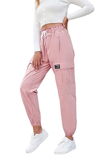 SANGTREE Girls Cargo Pants, Elastic Waist Drawstring Loose Tapered Multi Pockets Cargo Jogger Pants for Girl, Pink,7-8 Years Big Kid = Tag 140