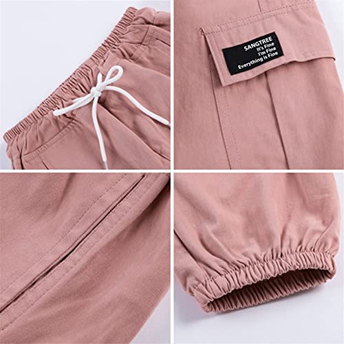 SANGTREE Girls Cargo Pants, Elastic Waist Drawstring Loose Tapered Multi Pockets Cargo Jogger Pants for Girl, Pink,7-8 Years Big Kid = Tag 140