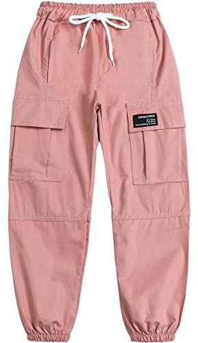 SANGTREE Girls Cargo Pants, Elastic Waist Drawstring Loose Tapered Multi Pockets Cargo Jogger Pants for Girl, Pink,7-8 Years Big Kid = Tag 140