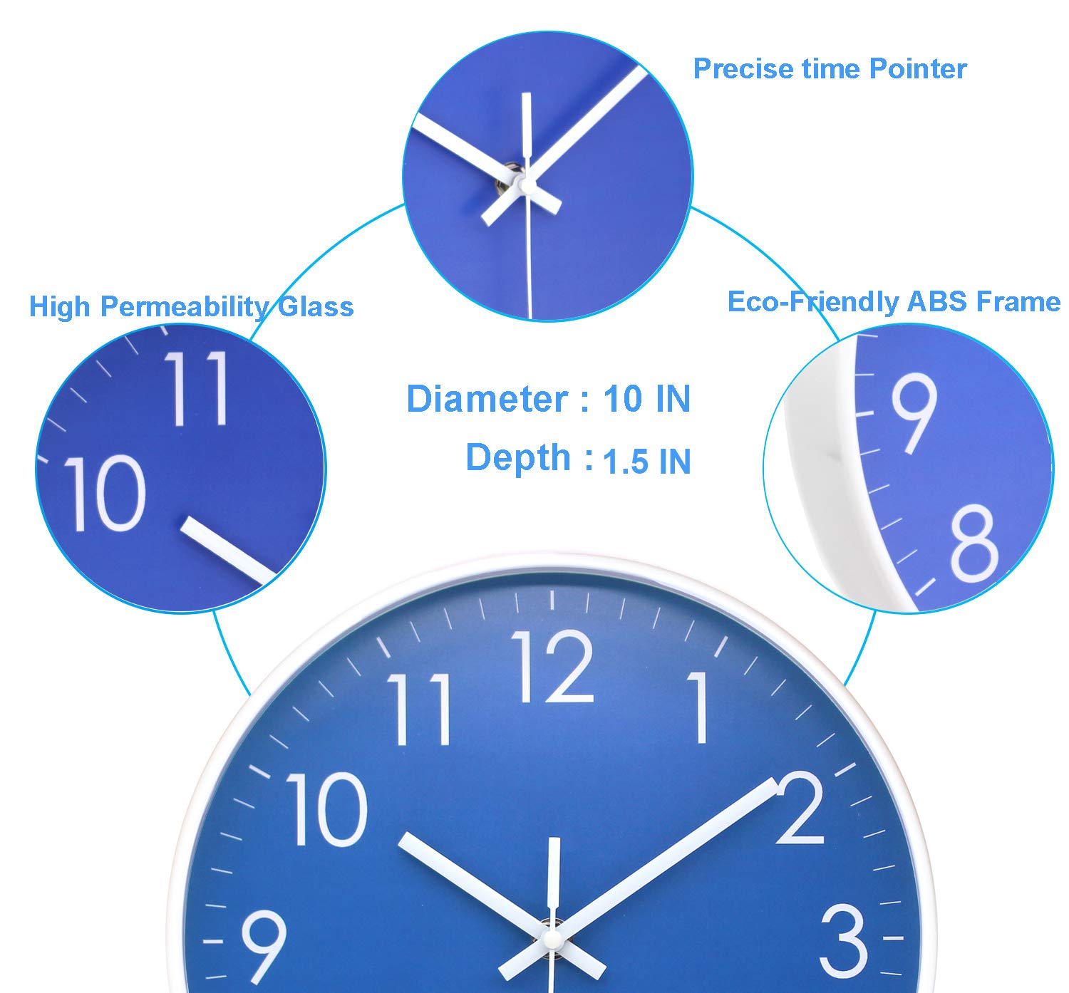 Epy Huts Wall Clock Battery Operated Indoor Non-Ticking Silent Quartz Quiet Sweep Movement Wall Clock for Office, Bathroom, Living Room Decorative 10 Inch Dark Blue