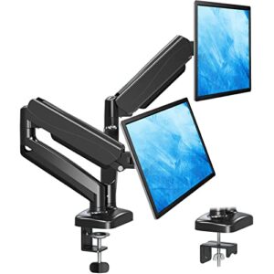 mountup dual monitor stand for desk, adjustable gas spring double monitor mount holds 4.4-17.6 lbs and 13-32 inch screens, monitor arms for 2 monitors, vesa 75x75 100x100 with c-clamp& grommet mu0005