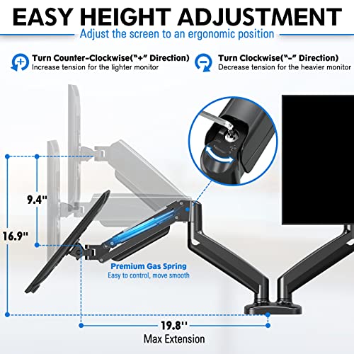 MOUNTUP Dual Monitor Stand for Desk, Adjustable Gas Spring Double Monitor Mount Holds 4.4-17.6 lbs and 13-32 Inch Screens, Monitor Arms for 2 Monitors, VESA 75x75 100x100 with C-clamp& Grommet MU0005