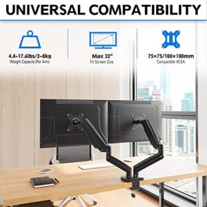 MOUNTUP Dual Monitor Stand for Desk, Adjustable Gas Spring Double Monitor Mount Holds 4.4-17.6 lbs and 13-32 Inch Screens, Monitor Arms for 2 Monitors, VESA 75x75 100x100 with C-clamp& Grommet MU0005