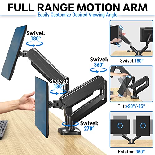 MOUNTUP Dual Monitor Stand for Desk, Adjustable Gas Spring Double Monitor Mount Holds 4.4-17.6 lbs and 13-32 Inch Screens, Monitor Arms for 2 Monitors, VESA 75x75 100x100 with C-clamp& Grommet MU0005