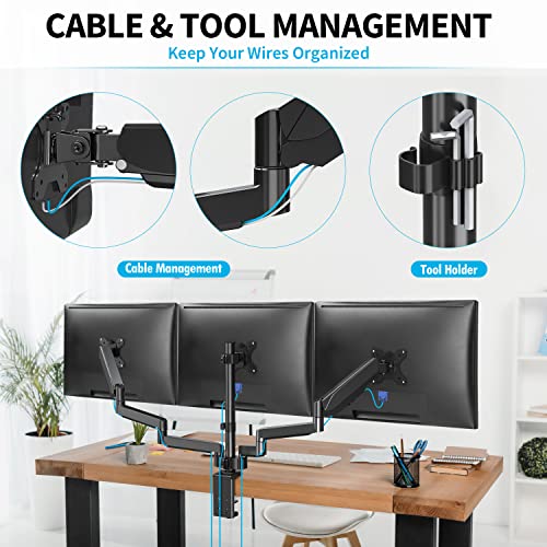 MOUNTUP Triple Monitor Stand Mount - 3 Monitor Desk Mount for Computer Screens Up to 27 inch, Triple Monitor Arm with Gas Spring, Heavy Duty Monitor Stand, Each Arm Holds Up to 17.6 lbs, MU0006