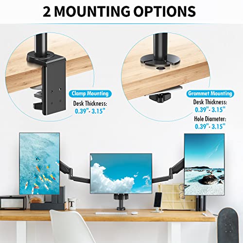 MOUNTUP Triple Monitor Stand Mount - 3 Monitor Desk Mount for Computer Screens Up to 27 inch, Triple Monitor Arm with Gas Spring, Heavy Duty Monitor Stand, Each Arm Holds Up to 17.6 lbs, MU0006