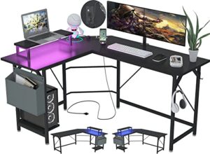 szxkt gaming desk with monitor stand and power outlets,l shaped desk with storage and led lights,home office reversible corner computer desk with hooks (black)