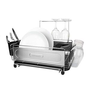 cuisinart stainless steel dish drying rack – includes wire dish drying rack, utensil caddy, draining board, stemware holder, and non-slip cup holders, 14.4” x 12” x 6”- stainless steel/black