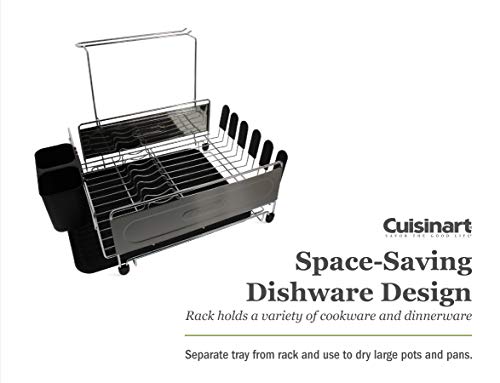 Cuisinart Stainless Steel Dish Drying Rack – Includes Wire Dish Drying Rack, Utensil Caddy, Draining Board, Stemware Holder, and Non-Slip Cup Holders, 14.4” x 12” x 6”- Stainless Steel/Black