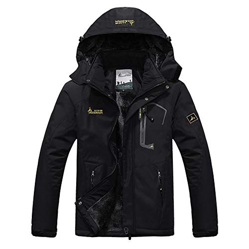 TREKEK Men's Winter Ski Rain Warm Fleece Waterproof Outdoor Mountain Hiking Windbreaker Hooded Snow Coat, Black, X-Large