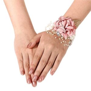 fstrend wedding bridal corsage bridesmaid pearl leaf wrist flower party prom hand flower crystal bride wedding accessories for women and girls (pink)