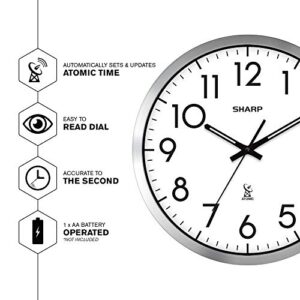 SHARP Atomic Analog Wall Clock - 12" Silver Brushed Finish Sets Automatically- Battery Operated Easy to Read Use: Simple, Style fits Any Decor