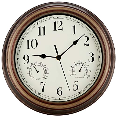 Rsobl 12 Inch Indoor Outdoor Wall Clock Waterproof with Temperature and Humidity Combo,Battery Operated Non Ticking Silent Clock Wall Decorative