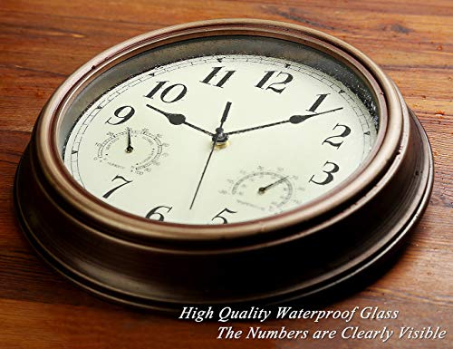 Rsobl 12 Inch Indoor Outdoor Wall Clock Waterproof with Temperature and Humidity Combo,Battery Operated Non Ticking Silent Clock Wall Decorative