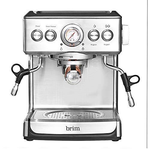 brim 19 Bar Espresso Machine, Fast Heating Cappuccino, Americano, Latte and Espresso Maker, Milk Steamer and Frother, Removable Parts for Easy Cleaning, Stainless Steel with Wood Accents