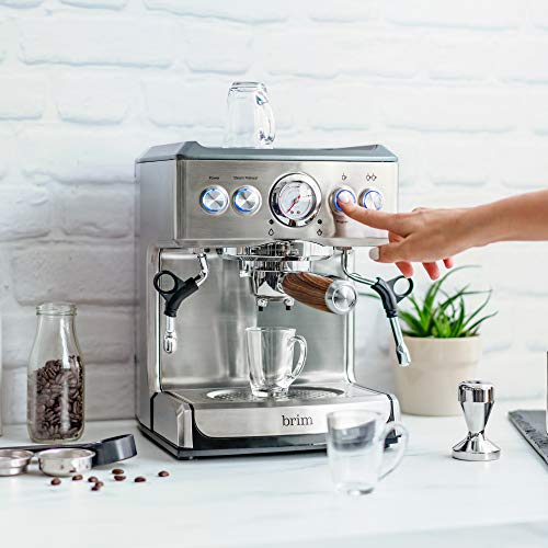 brim 19 Bar Espresso Machine, Fast Heating Cappuccino, Americano, Latte and Espresso Maker, Milk Steamer and Frother, Removable Parts for Easy Cleaning, Stainless Steel with Wood Accents