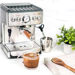 brim 19 Bar Espresso Machine, Fast Heating Cappuccino, Americano, Latte and Espresso Maker, Milk Steamer and Frother, Removable Parts for Easy Cleaning, Stainless Steel with Wood Accents