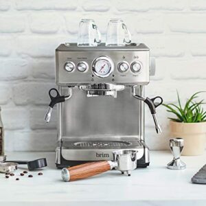 brim 19 Bar Espresso Machine, Fast Heating Cappuccino, Americano, Latte and Espresso Maker, Milk Steamer and Frother, Removable Parts for Easy Cleaning, Stainless Steel with Wood Accents