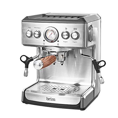 brim 19 Bar Espresso Machine, Fast Heating Cappuccino, Americano, Latte and Espresso Maker, Milk Steamer and Frother, Removable Parts for Easy Cleaning, Stainless Steel with Wood Accents