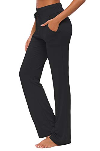 ADANIKI Womens Yoga Pants with Pockets Straight-Leg Loose Comfy Modal Drawstring Lounge Running Long Active Casual Sweatpants (Black, XL)