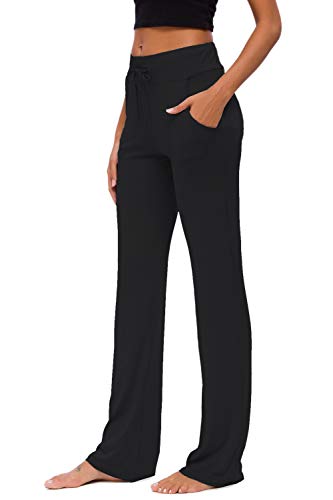 ADANIKI Womens Yoga Pants with Pockets Straight-Leg Loose Comfy Modal Drawstring Lounge Running Long Active Casual Sweatpants (Black, XL)