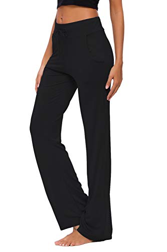 ADANIKI Womens Yoga Pants with Pockets Straight-Leg Loose Comfy Modal Drawstring Lounge Running Long Active Casual Sweatpants (Black, XL)