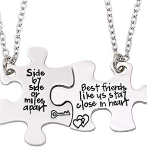 2PCS Best Friends Necklaces for 2 - Side by Side Or Miles Apart BFF Friendship Matching Puzzle Necklace Set Long Distance Friendship Gifts for Women Teen Girls