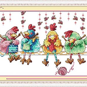 Maydear Cross Stitch Stamped Kits Full Range of Embroidery Starter Kits Beginners for DIY 11CT 3 Strands - The Chicken Knitting a Sweater 20.5×13.8(inch)