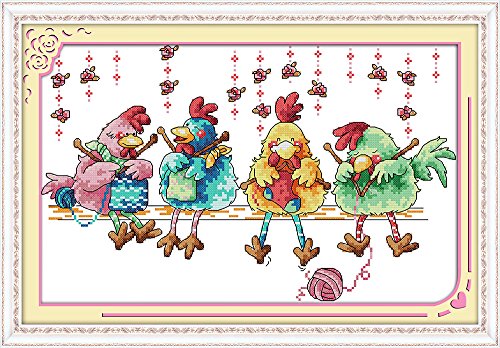 Maydear Cross Stitch Stamped Kits Full Range of Embroidery Starter Kits Beginners for DIY 11CT 3 Strands - The Chicken Knitting a Sweater 20.5×13.8(inch)