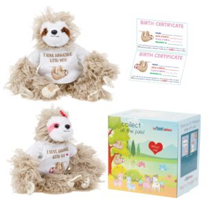 infloatables stuffed sloth set of 2 - adopt a sloth plush with removable 'i love hanging with you' t-shirt & birth certificate - cute stuffed animal sloth gifts for girls & boys (small 15 inches)