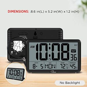 WallarGe Auto Set Digital Wall Clock Battery Operated, Desk Clocks with Temperature, Humidity and Date, Large Display Digital Calendar Alarm Clock for Elderly, Bedroom, Office, 8 Time Zone, Auto DST.