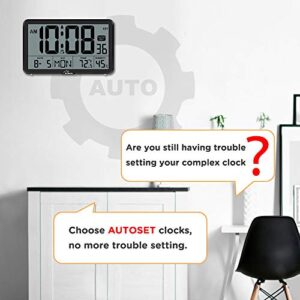 WallarGe Auto Set Digital Wall Clock Battery Operated, Desk Clocks with Temperature, Humidity and Date, Large Display Digital Calendar Alarm Clock for Elderly, Bedroom, Office, 8 Time Zone, Auto DST.